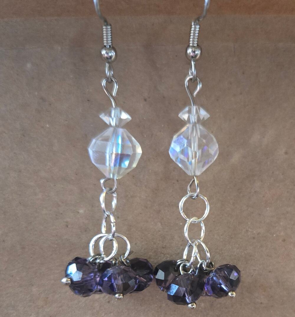 Handcrafted Glass Bead Earrings Dangle Drop Purple Dainty Feminine Sparkle